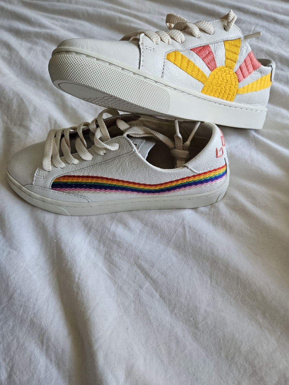 Soludos White Sneakers with Rainbow Stripe and Yellow Sun Embroidery, New